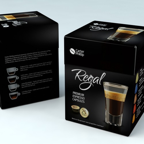 Design an espresso coffee box package. Modern, international, exclusive. Design by Coshe®