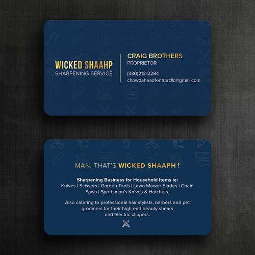 Business card design that highlights my sharpening service and my Boston accent inspired slogan Design by Felix SH