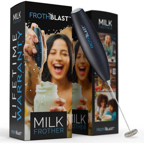 "Design a BOX design for MILK FROTHER  product" Diseño de interaksi