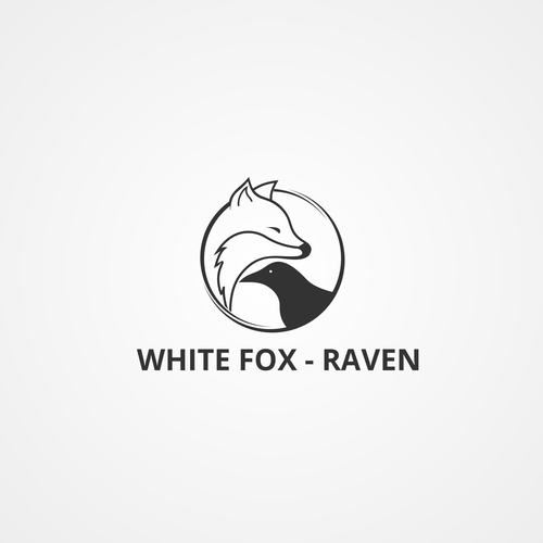 Create a modern yin/yang design featuring a white fox and a raven ...