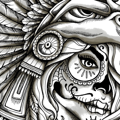 Aztec Warrior Skull Adult Coloring Page AI Machine (Instant