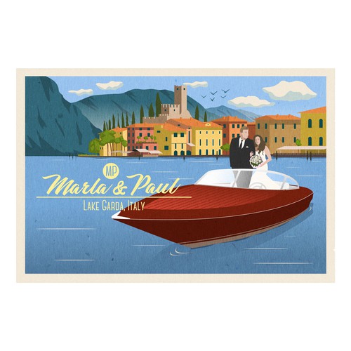 Stylish Colourful Vintage-Travel-Poster-Style German-Italian Wedding Invitation Card Design von Mr.SATUDIO