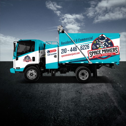 Fun and Catchy Junk Removal Service Truck Wrap - Space Theme Diseño de Duha™