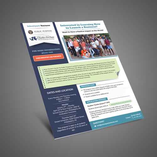 One page flyer for program that supports teen entrepreneurs Design by Dzhafir