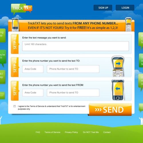 TEXT MESSAGE site w/CALLER ID SPOOFING! Send PRANK TEXTS!  page