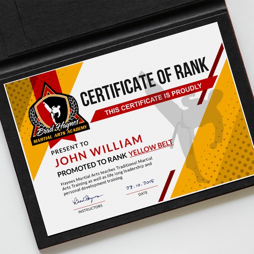 Design a beautiful rank certificate for haynes martial arts