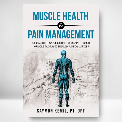 Book cover with a drawing images of the human anatomy combining muscles and bone structure. Design by libzyyy