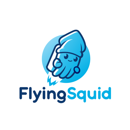 Logo of a squid wearing a jetpack for product named FlyingSquid Design by PatricioDesigns