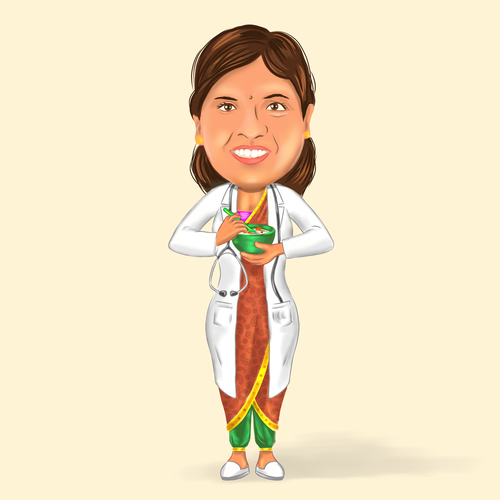 Design an attractive caricature of  "doctor mom, Dr Hema " for a healthy organic indian baby food br Design by mons.gld