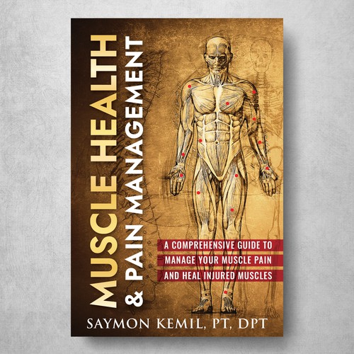 Book cover with a drawing images of the human anatomy combining muscles and bone structure. Design by Klassic Designs