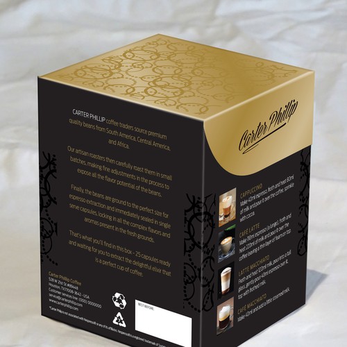 Design an espresso coffee box package. Modern, international, exclusive. Design by Sonia Maggi