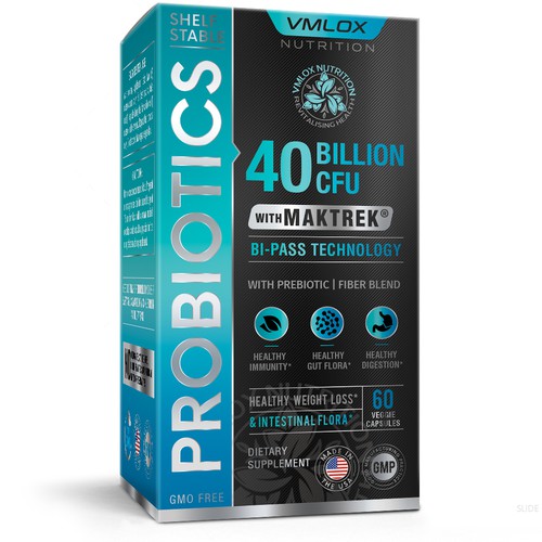 I want creative, shiny,  supplement packaging for my first product Probiotic 40 billion CFU Design by garryveda.com