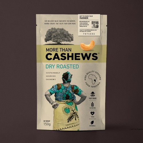 Create a beautiful stand up pouch for Sustainable, Single Origin Cashew Nuts Design by Pepper Pack Design