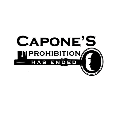 Design a prohibition style logo with a old key and al Capone face ( side view ) black and white Design by Ida11