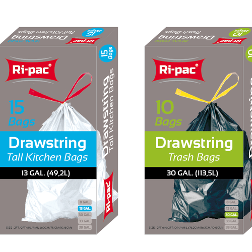 Packaging design for drawstring trash bags