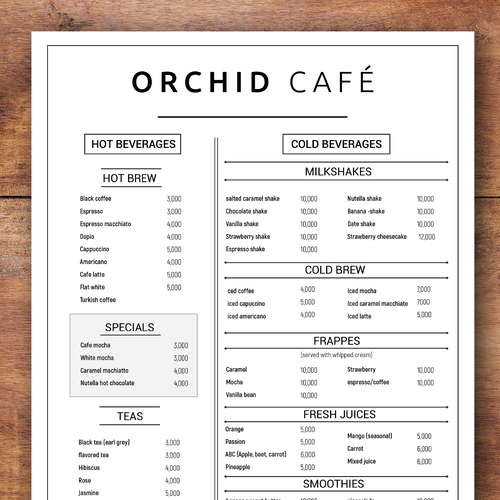 Café drinks menu design, concurso Cardápio