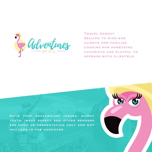 travel agency logo: high end clients & families, Logo colors: teal, pink & gold, logo wants: heart & flamingo Design by Gwydion ♦