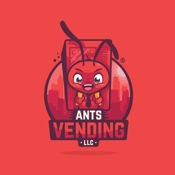 Ant mascot carrying a vending machine