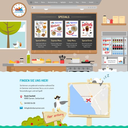 FUNNY web design needed for our snack bar with pedalo & boat rental. The design should be built around our illustration Design by j u s t e