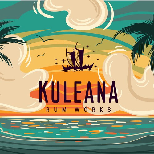 Vector illustration of Hawaiian sunset with clouds in retro style incorporating logo Design by Anastasia1995