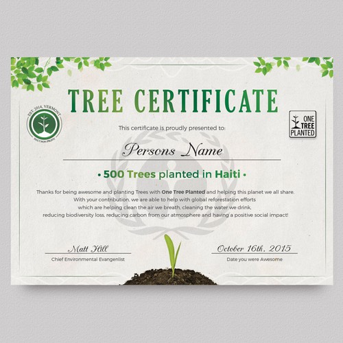 Tree Planting Certificate Postcard flyer or print contest