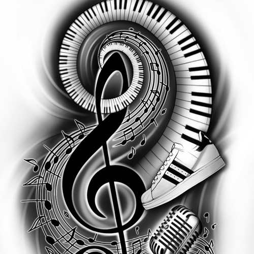 Believer Turnip Pointer Arm tattoo - music themed: piano keys / treble clef / microphone / etc |  Tattoo contest | 99designs