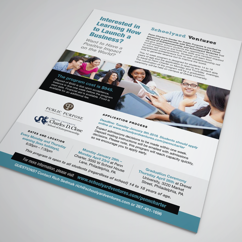 One page flyer for program that supports teen entrepreneurs Design by Sebastian Roy