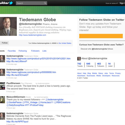 Help Tiedemann Globe, Inc. improve its social networking presence by designing a creative Twitter background.