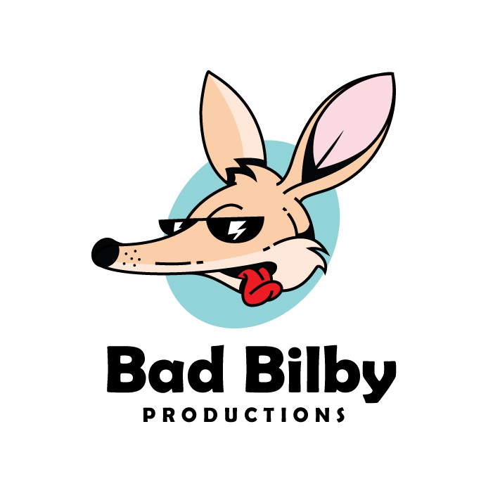 Cartoon bad bunny logo with the title 'Fun Mascot for a Production Company'