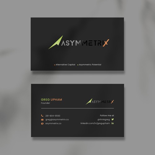 Design a cool, edgey but sophisticated business card for an alternative investment firm. Design von Saman Osama