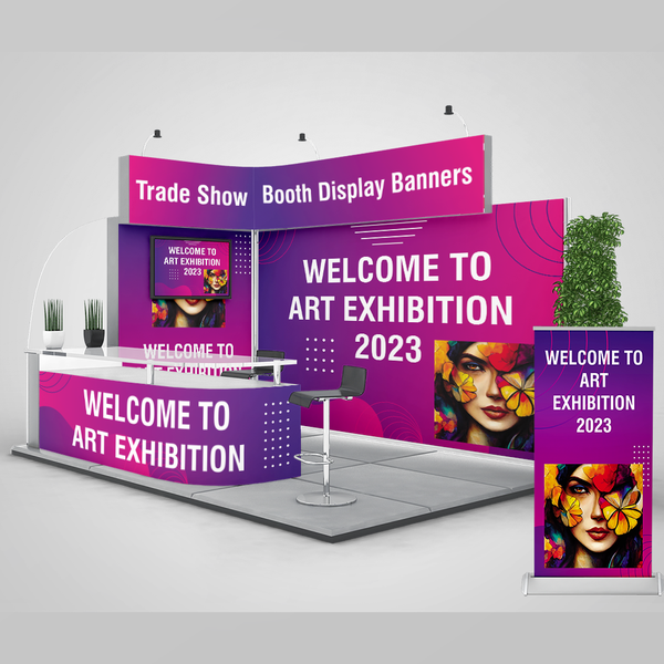 trade show banner, exhibition stand, trade show booth, backdrop