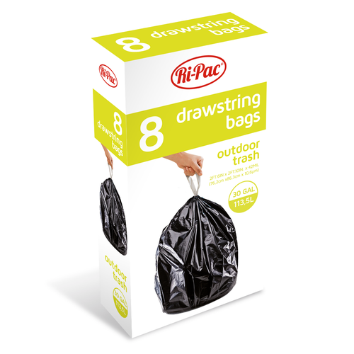 Ri-Pac Trash Bag with Drawstring, Lawn and Leaf, Black, 39 Gallon