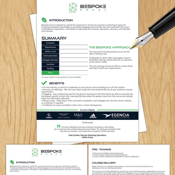 Design by deleted-1328273 titled "Bespoke - Excel training quote documents"