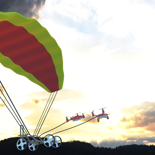 Make a printable 3d model of a paragliding wheelchair being pulled by quadcopters. Design by ibaykoc