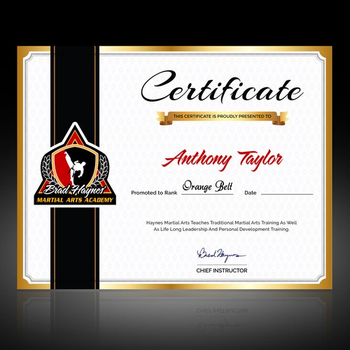Design a beautiful rank certificate for haynes martial arts