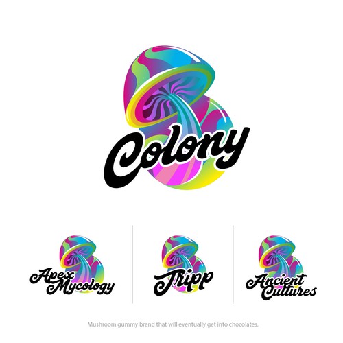 Fresh New Mushroom Gummy Brand - Colorful, Modern, Youthful, Psychedelic Design réalisé par rinsku