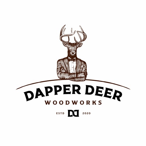 Vintage Dapper Deer logo for high-end woodworking. Design by Cristian-Popescu