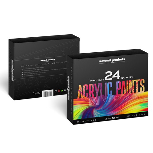 We need a vibrant packaging design for a premium quality acrylic paint set Design by Bognar Graphics