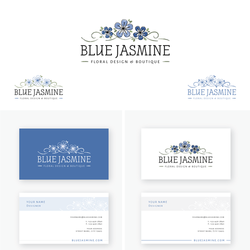 LOGO & BUSINESS CARD DESIGN FOR BLUE JASMINE LLC FLORAL DESIGN AND BOUTIQUE Design by Melanie Lauren