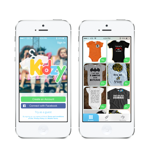 Mobile App Kidzy 2 simple screens + Logo. Design by MegaOptimus