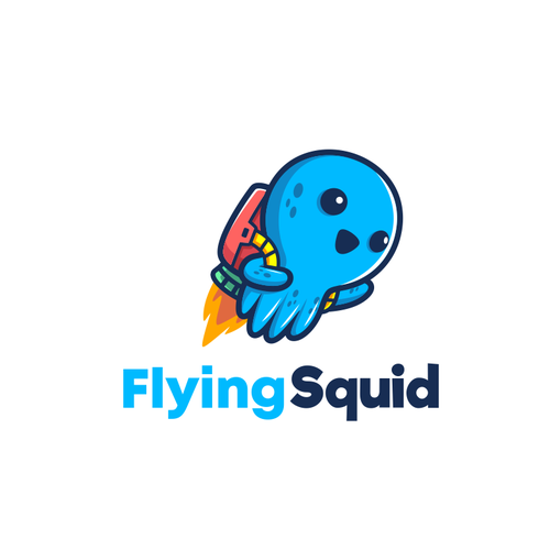 Logo of a squid wearing a jetpack for product named FlyingSquid Design by palugongso