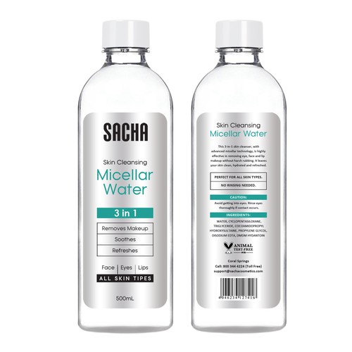 Sacha Micellar Water bottle 500ml Design by Claudia Gabriela