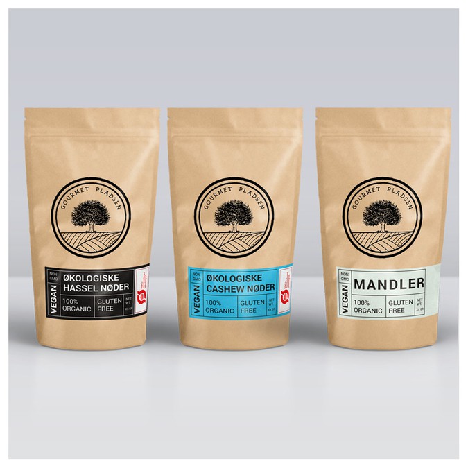 Product packaging and label for highend organic foods. Product