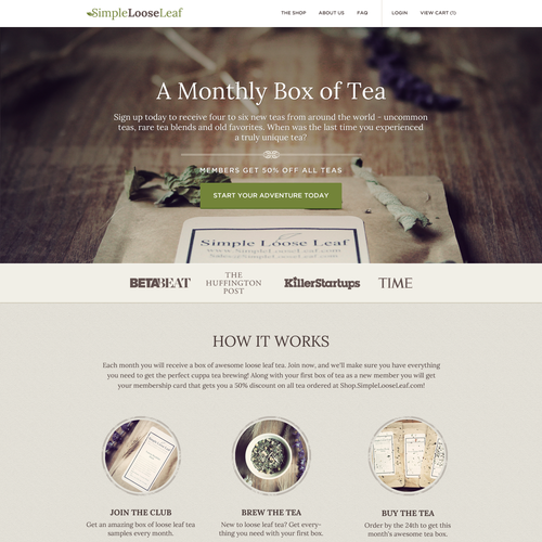 Landing Page/Subscription Signup Page for a Tea of the Month Subscription Box Design by KimKiyaa