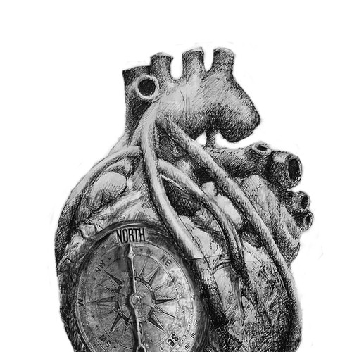 Greyscale Drawing of Da Vinci Anatomical Heart w/ Nautical Compass for Tattoo Design by GraphicRogue