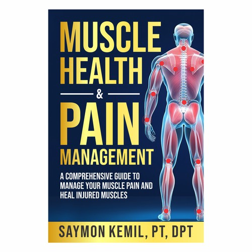 Book cover with a drawing images of the human anatomy combining muscles and bone structure. Design by kmohan