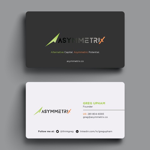 Design a cool, edgey but sophisticated business card for an alternative investment firm. Design von Hasanssin
