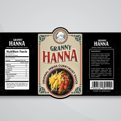 Finest hot curry sauce for german / berlin currywurst: Granny Hanna brings Yummi! Design by M.Siddique