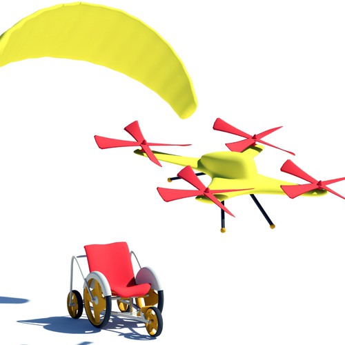 Make a printable 3d model of a paragliding wheelchair being pulled by quadcopters. Design by ututkusumadhata