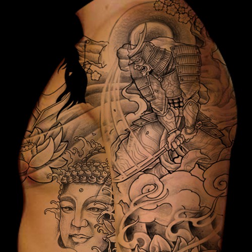 asiatisches S/W-Tattoo /  black&white tattoo asian style Design by INKSPITJUNKIE